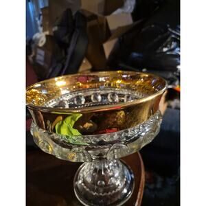 VTG INDIANA GLASS KINGS CROWN PEDESTAL BOWL DISH THUMBPRINT GOLD CANDY DISPLAY